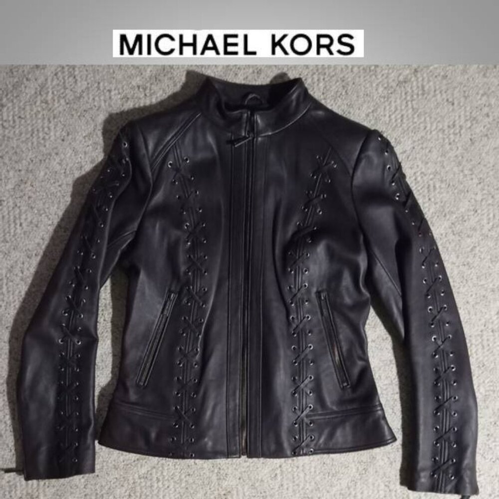stunning! Michael Kors purple LEATHER jacket Coat size medium moto style